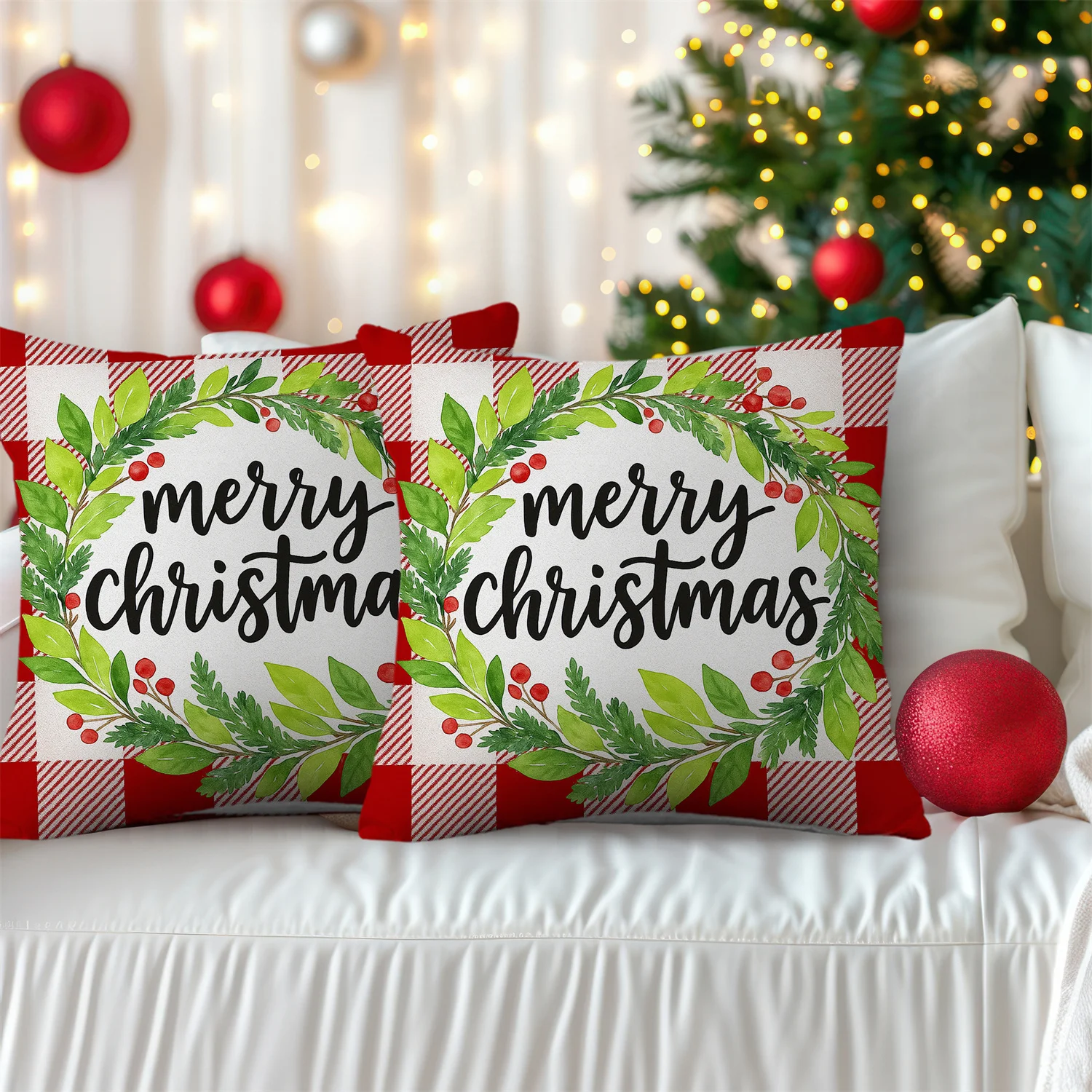 2pcs Green Leaf Wreath Red Berries Red Plaid Christmas Throw Pillow Covers Merry Christmas Cushion Case Winter Home Party
