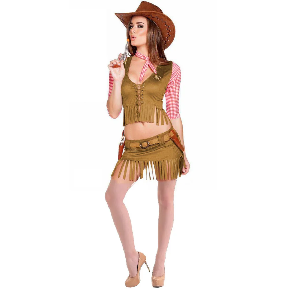 Sexy Cowgirl Costume Halloween Party Cowboy Costume For Adult Women Cowgirl Cosplay Western Dress Suit Top + Skirt + Hat + Belt image 2