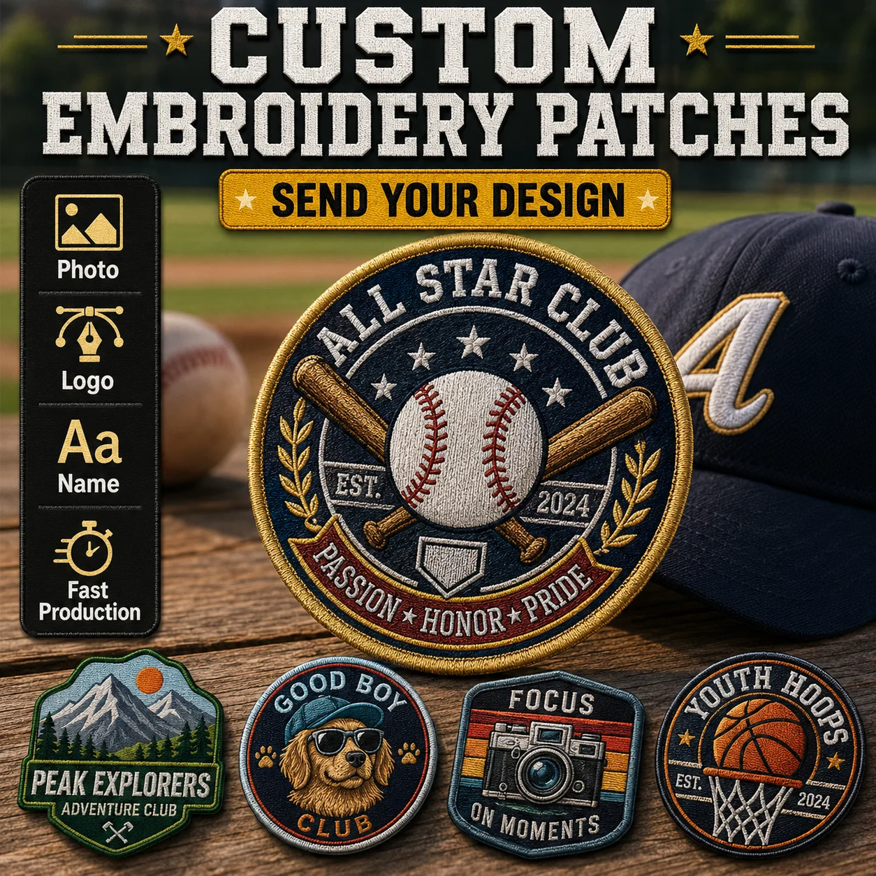 Custom Embroidered Patches Personalized Logo Photo Name Iron On Sew On Hook and Loop for Baseball Caps Team Uniforms Clubs