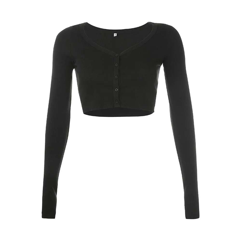 Cardigan à manches longues et col en V pour femmes, haut court monochromatique, t-shirt amincissant sexy, base transportée, filles épicées