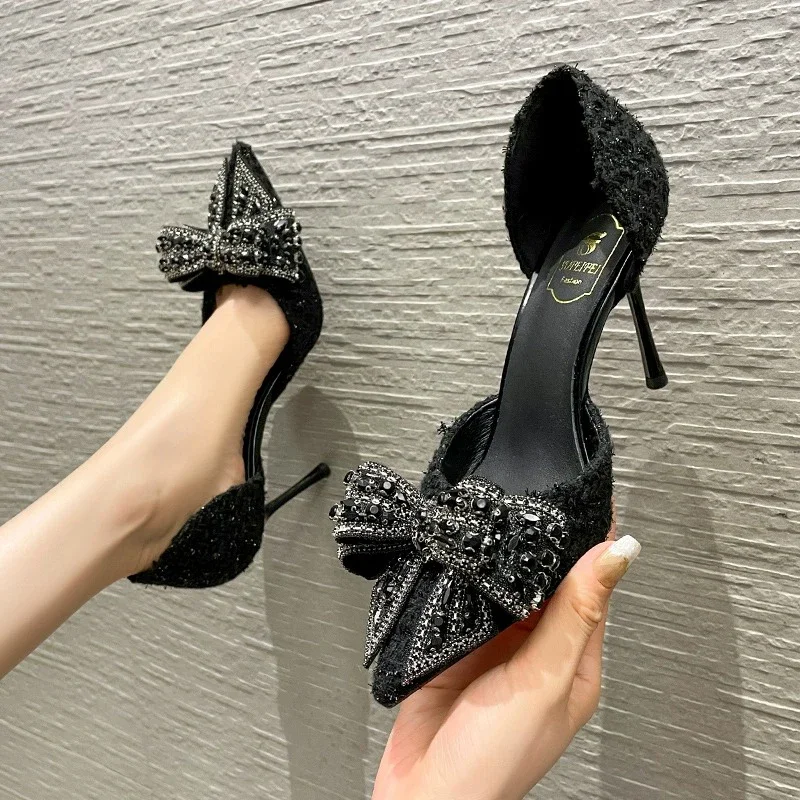Luxury Pearl Crystal Bowtie White Wedding Shoes Women 2024 Spring Brand Designer High Heels Pumps Woman Thin Heeled Party Shoes image 4