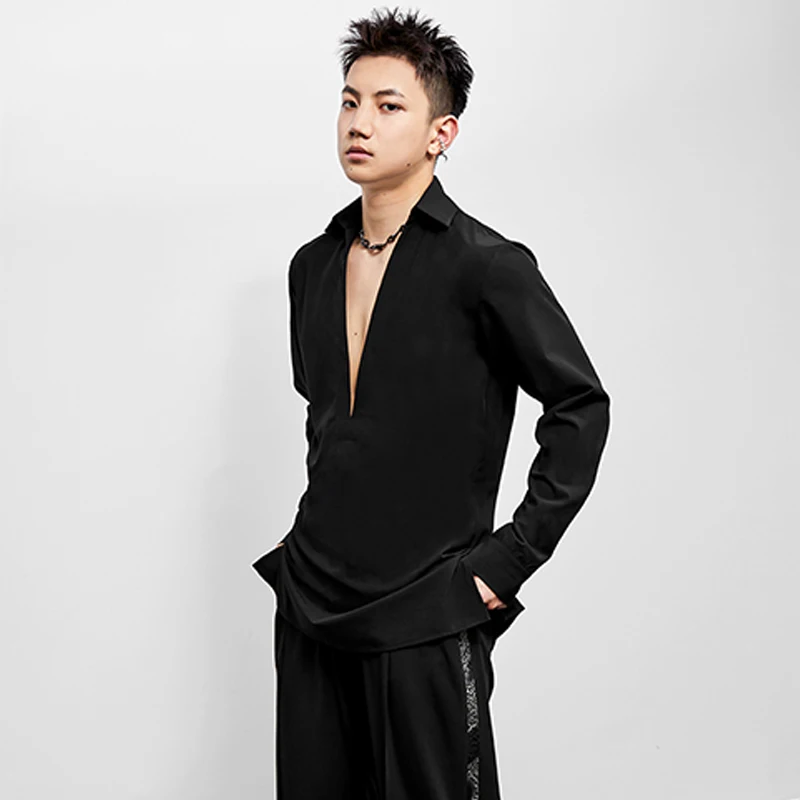 

Male Latin Dance Shirt V-Neck Competition Clothes ChaCha Dancing Clothes Long Sleeved Tango Ballroom Performance Tops DL10542