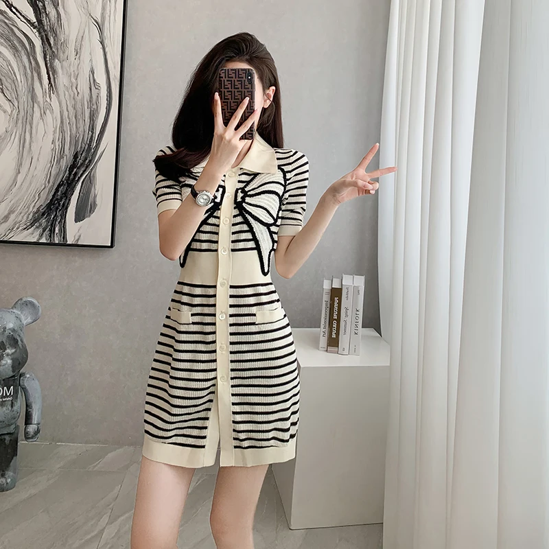 

Elegant Knitted Mini Dress Women's Short Sleeve Stripe Dresses Summer 2023 Single-breasted Bow Dress Women Fashion Vesidos Mujer