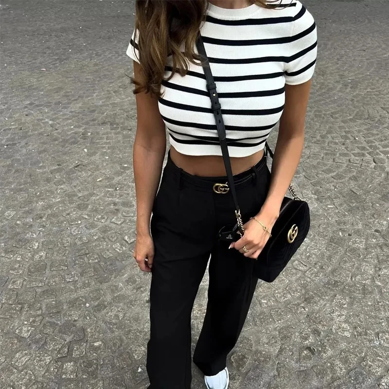 MUJER Striped Knitted Short Sweaters for Women Short Sleeve Jersey Tops Woman 2025 Pullovers Knitwears Crop Sweaters Top Women
