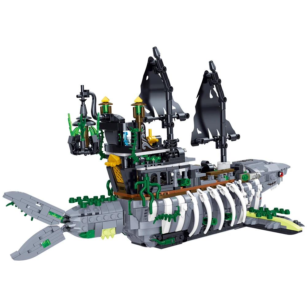 ألعاب مكعبات بناء سفينة القرش البحرية الشبحية - سفينة شبح القرش والقرصان ذات الهيكل العظمي المتكامل، LED - مضاءة للمثيرة #5