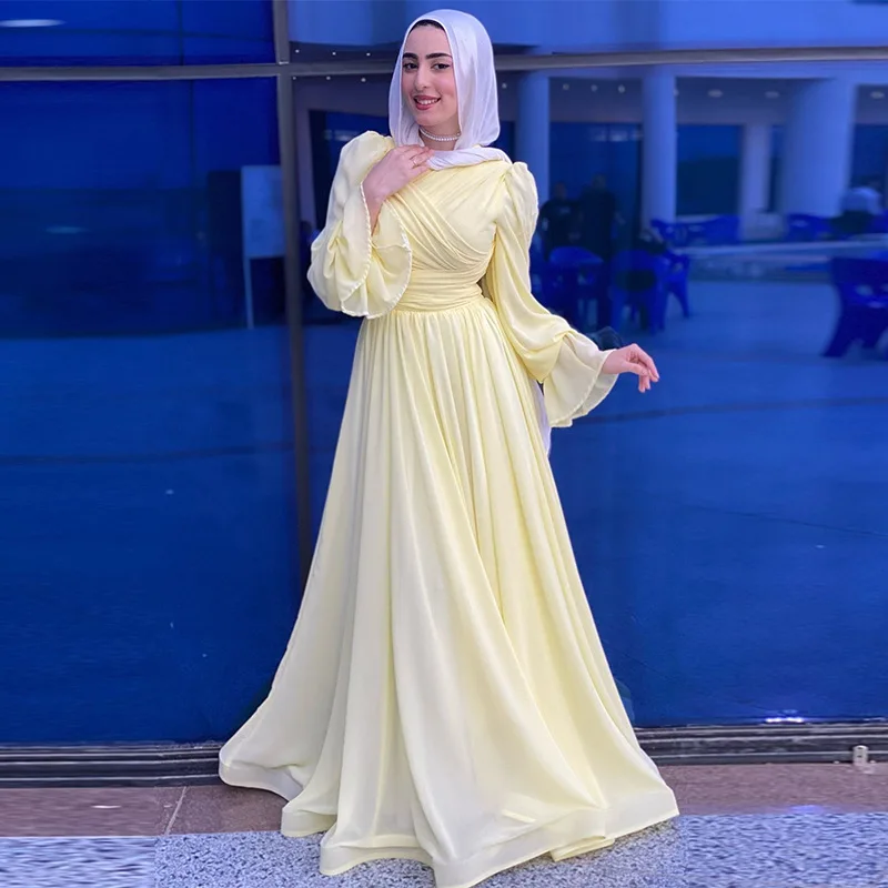 

2025 New Women's Elegant Pleated Waist Slimming Light Yellow Dress