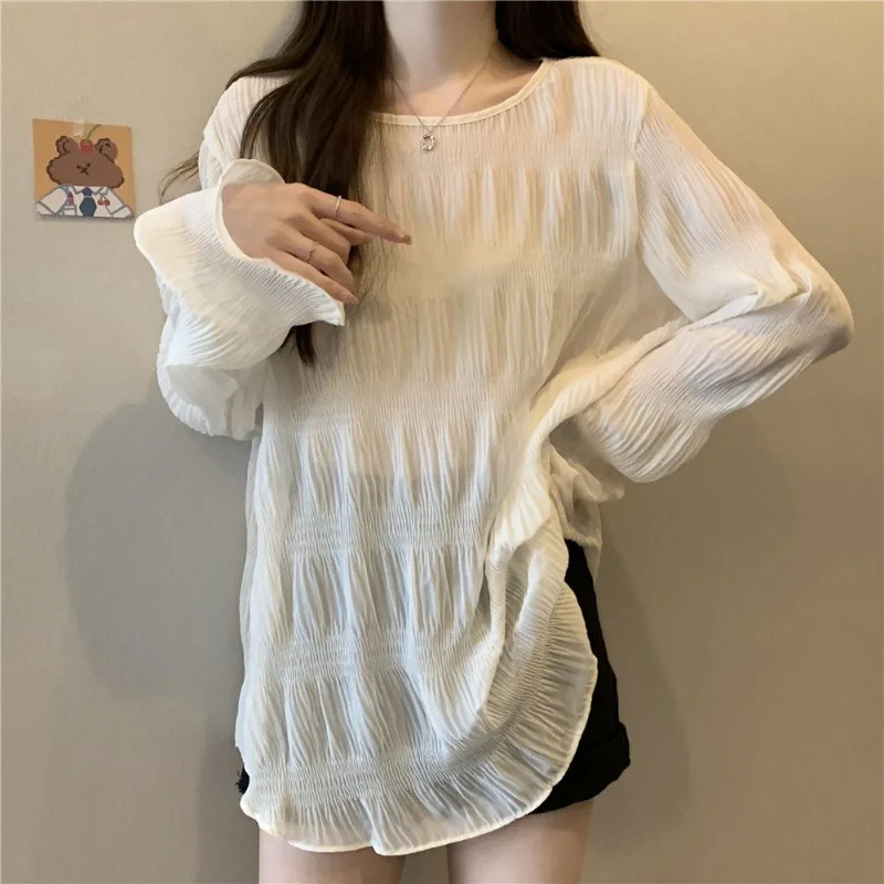 Women's 2024 Summer New Solid Color Korean Commute Loose Spliced Ruched Thin All-match Midi Crew Neck Long Sleeve T-shirts Tops