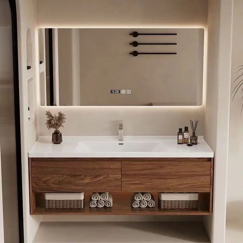 Ceramic basin, solid wood, mult layer, no door panel, wall mounted, simple, bathroom