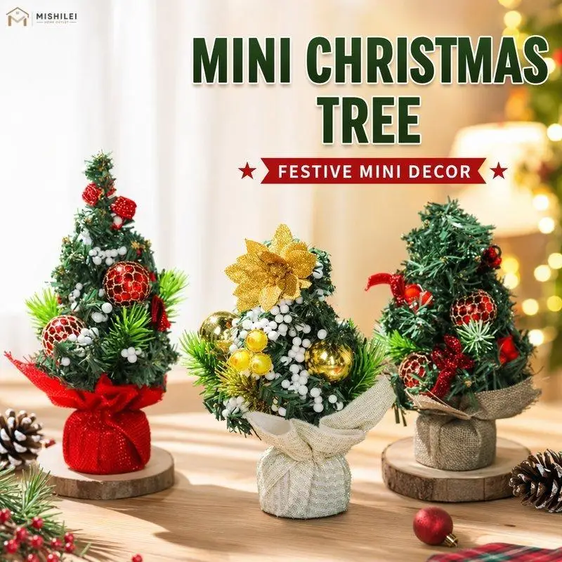 Mini Desktop Christmas Tree Realistic Artificial Pine with Ribbon Bow Tabletop Ornament for Home Holiday Xmas Decor