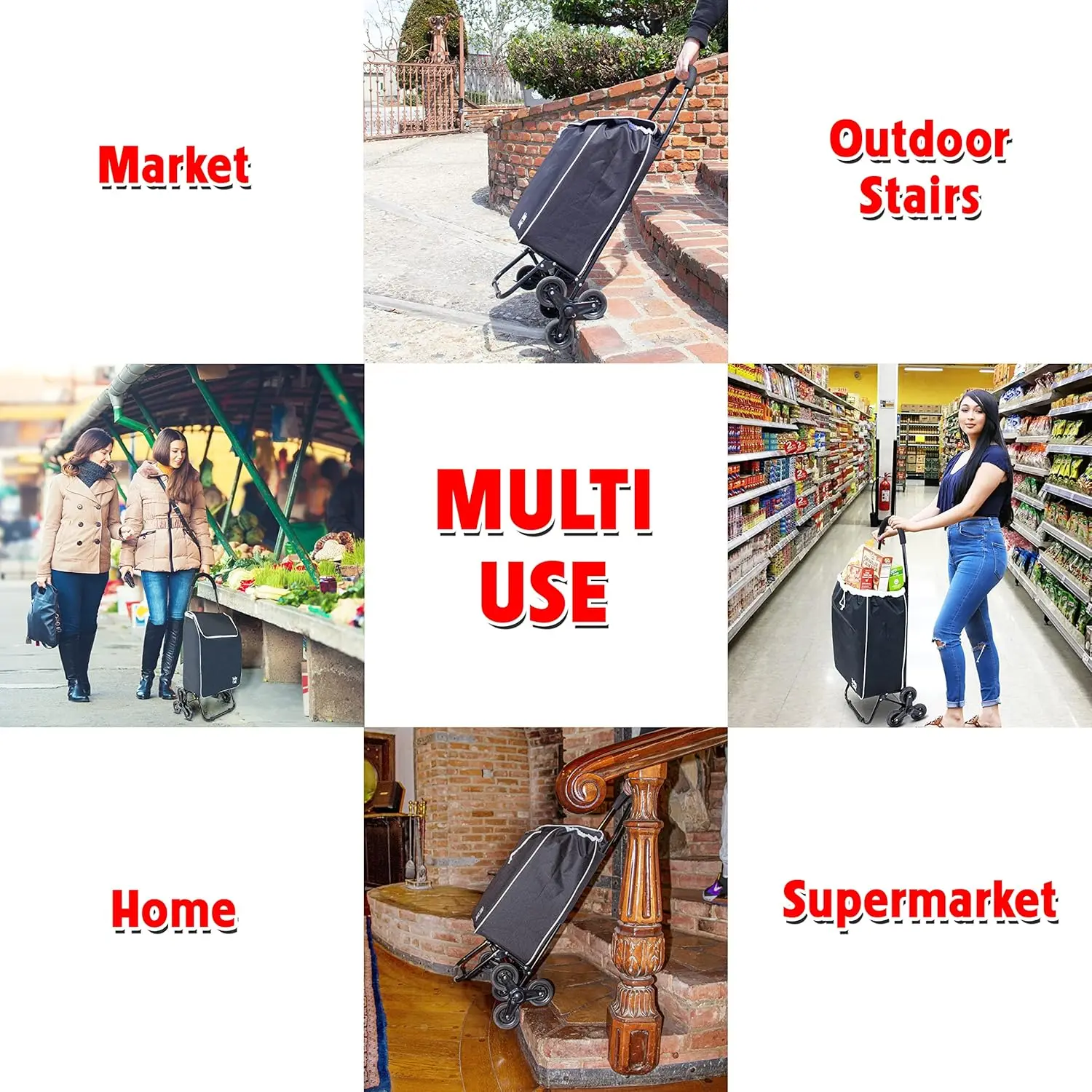 折りたたみ式食料品カート、階段昇降ホイール付き、取り外し可能なバッグとハンドトラック機能付き - 多用途ローリングトロリー（ブラック）