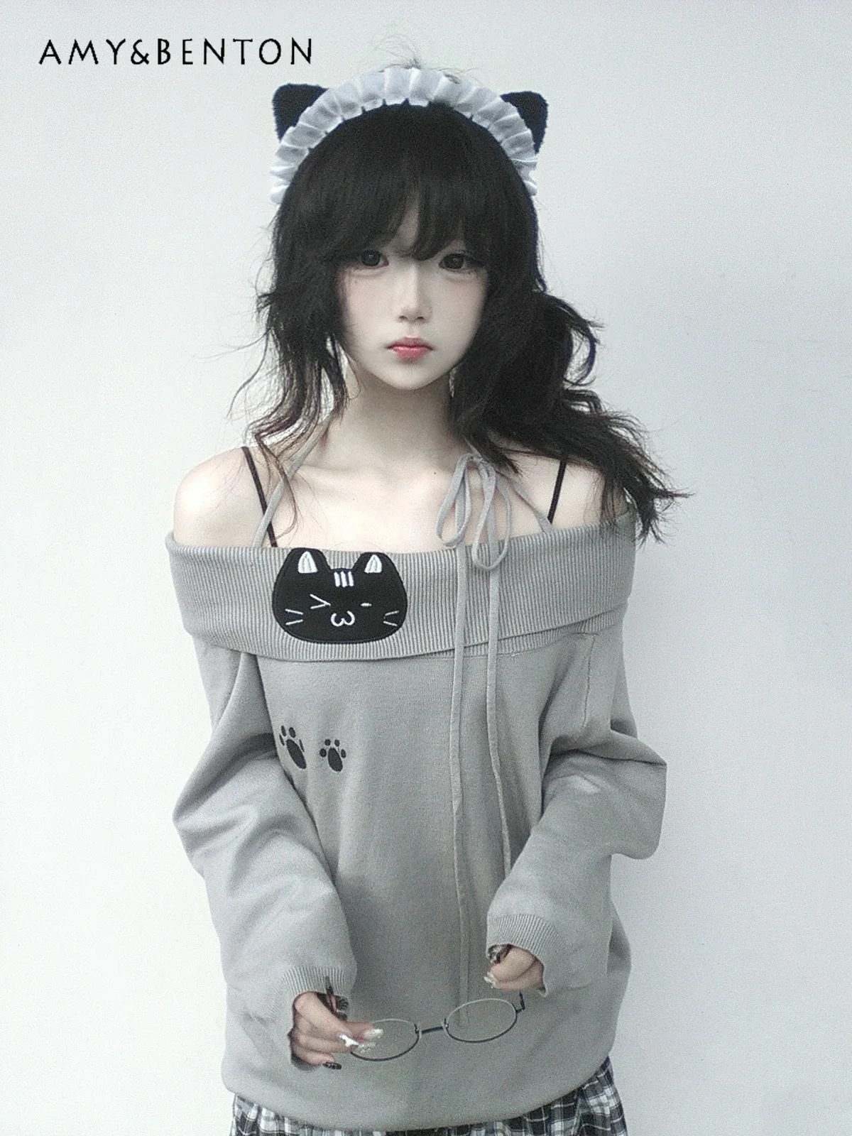 Kawaii Cat Print Off Shoulder Sweaters Japanese Cute Sexy Halter Jumper Early Autumn New Subculture Gothic Oversized Sweater