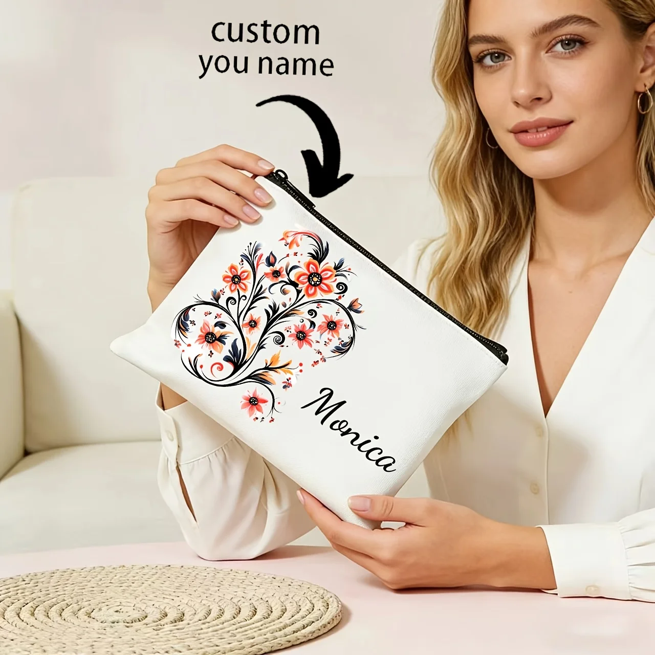 Pochette de maquillage personnalisée avec nom et texte, motif floral, cadeaux pour demoiselles d'honneur, trousse à cosmétiques zippée avec cadeaux de remerciement personnalisés