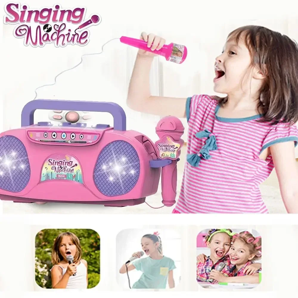 Microfone máquina de karaokê instrumento musical crianças brinquedos com luz interior ao ar livre viagem brinquedo educativo presentes para crianças meninas