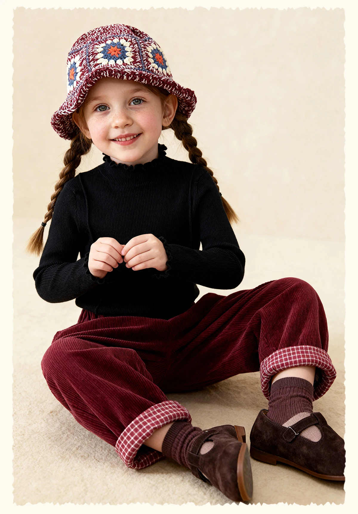 Amila Kids 2026 Winter Mädchen Strickshirt Top Grau Rosa Reisrot Schwarz Rüschen Halbhoher Kragen Weich Nicht hautverletzend – Detail 11