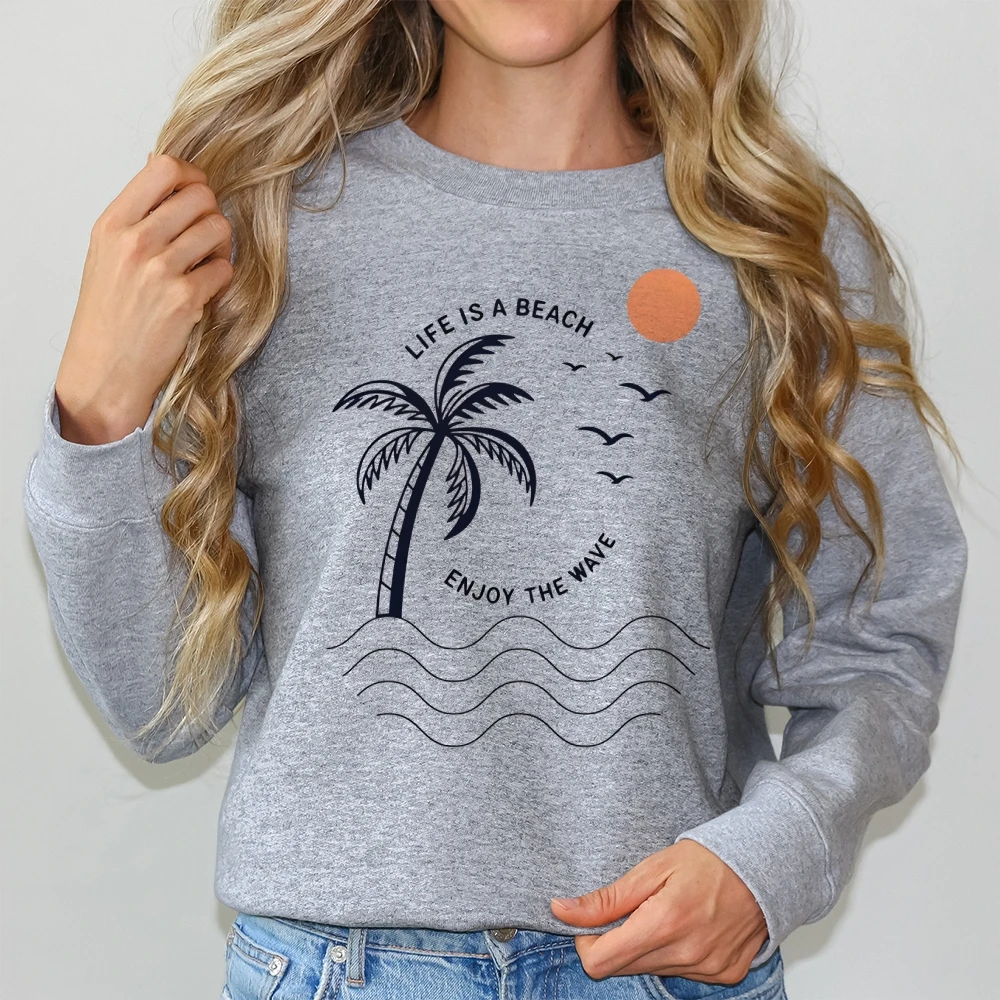 Y2K グラフィックカジュアルクルーネックスウェットシャツ女性服プリントストリート特大トップパーティー夏のココナッツの木快適な