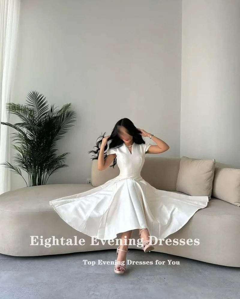 Eightale Arabic Evening dresses for women Customized V-Neck Satin Cap Sleeves A-Line Prom Party Gown Wedding Robes De Soirée