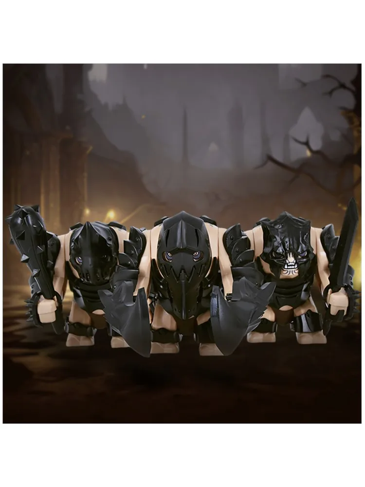 DIY LOTR Mittelalterliche Armee Troll Baustein-Set mit Rostiger Rüstung und Vielfältigen Zubehörteilen, Große Bewegliche Ziegelstein-Figur