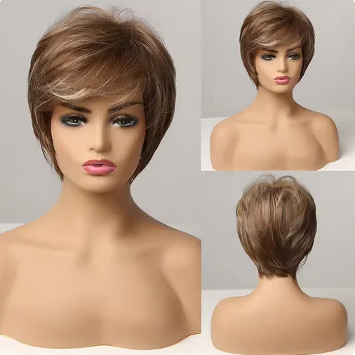 Perruque Synthétique Courte Coupe Pixie Grise Lisse avec Frange pour Femme Noire, Haute Température 03