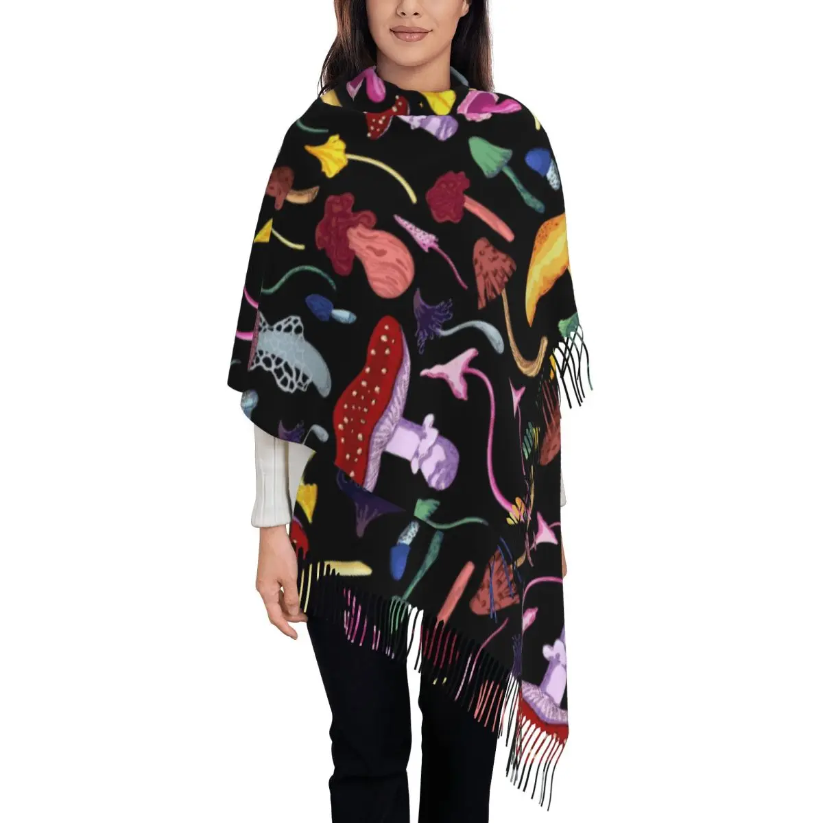 Psychedelic Mushrooms Scarf for Women Warm Winter Pashmina Shawls and Wrap Single-sided Pattern Shawl Scarf for Ladies