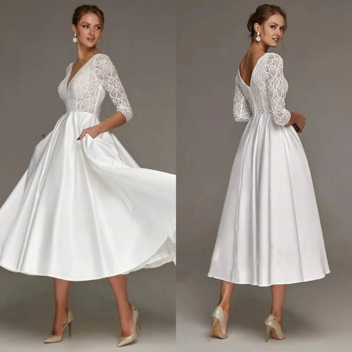 

Customized Delicate Satin Exquisite Wedding Dress Elegant V-neck Classic A-Line Dreamy Bridal Party Temperament Bridal Gowns