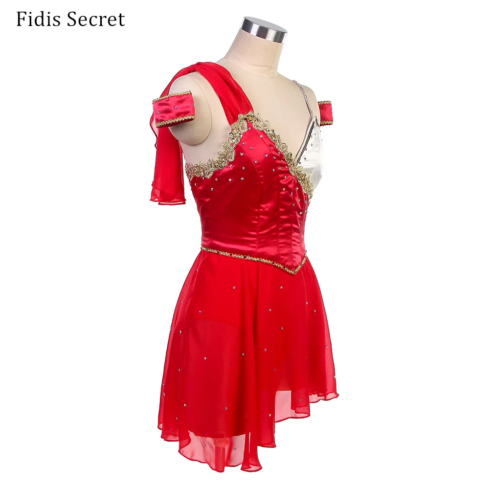 여성 전문 로맨틱 발레 튜튜 아이보리 탑 보디스 소프트 레드 쉬폰 스커트 발레리나 무대 경연 댄스 의상