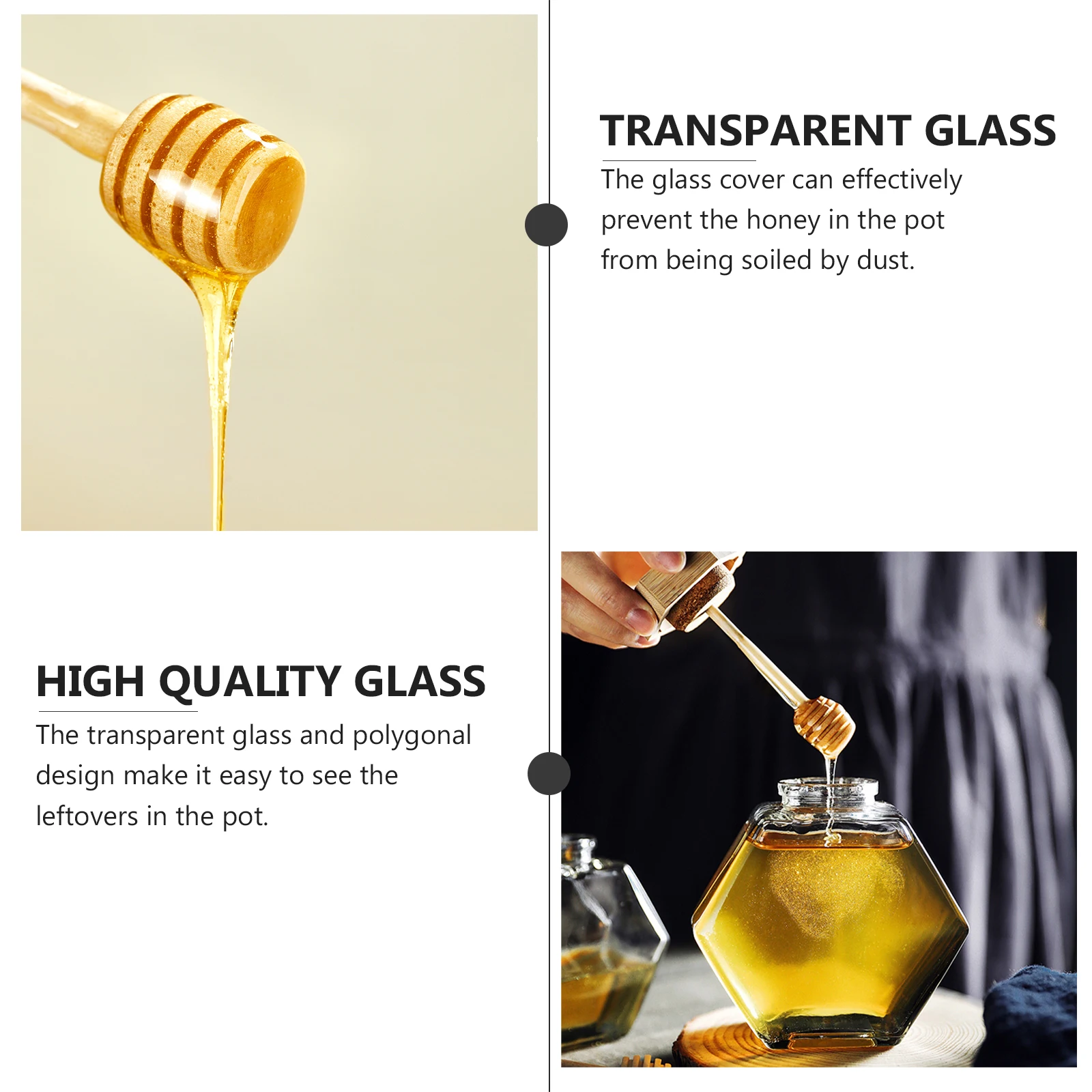 

Hexagon Jar 220 Ml Clear Glass Wooden Lid Spiral Dipper Bee Honey Pot Jars Kitchen Bar Accessories Honey Jars Set