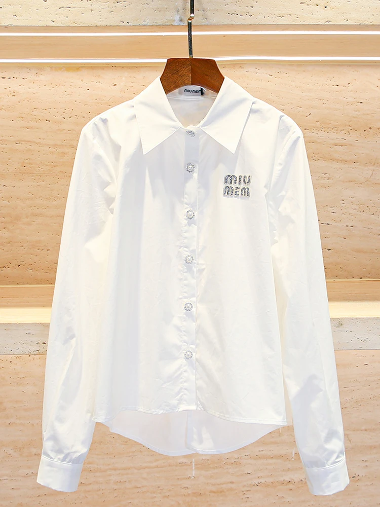 

Heavy-du White irt Women's Top with Rhinestones Lettering Ele Commuter Sle Polyester Fiber Long Sve ort Length