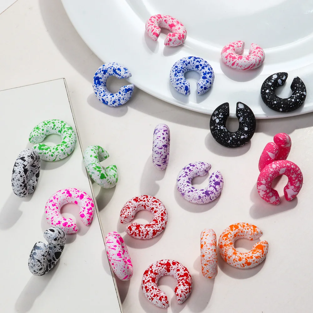 New Colorful Speckle Acrylic Circle Clip on Earrings for Women Korean Frost Round Ear Cuffs Statement Earring Earclips Jewelry