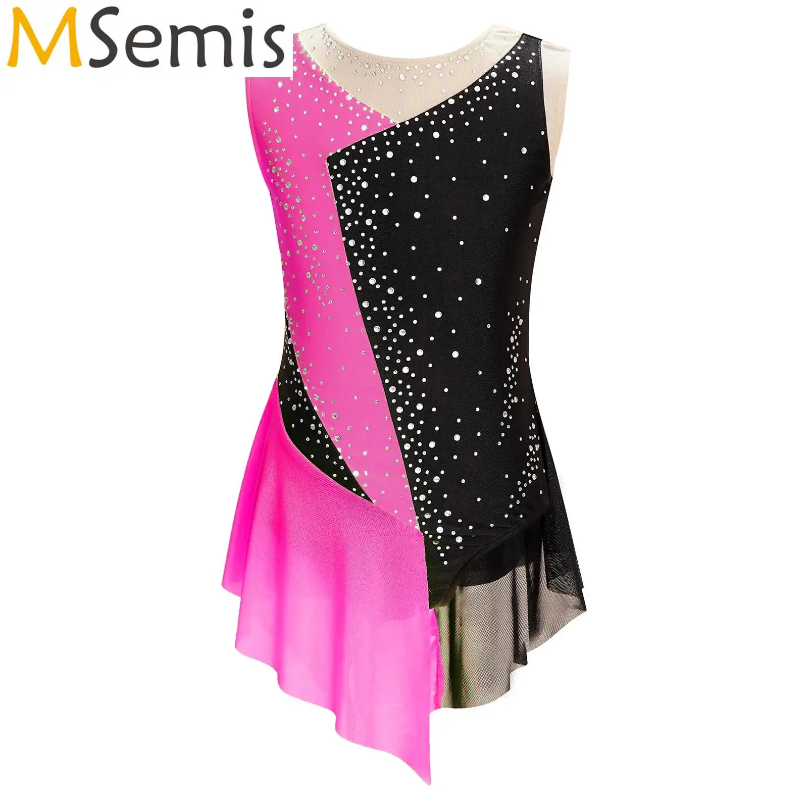 Kid Girls Ballet Jersey Lyrical Dress Sparkly Rhinestone Gymnastics Leotards Artistic Skating Costume Sheer Tight Jumpsuit