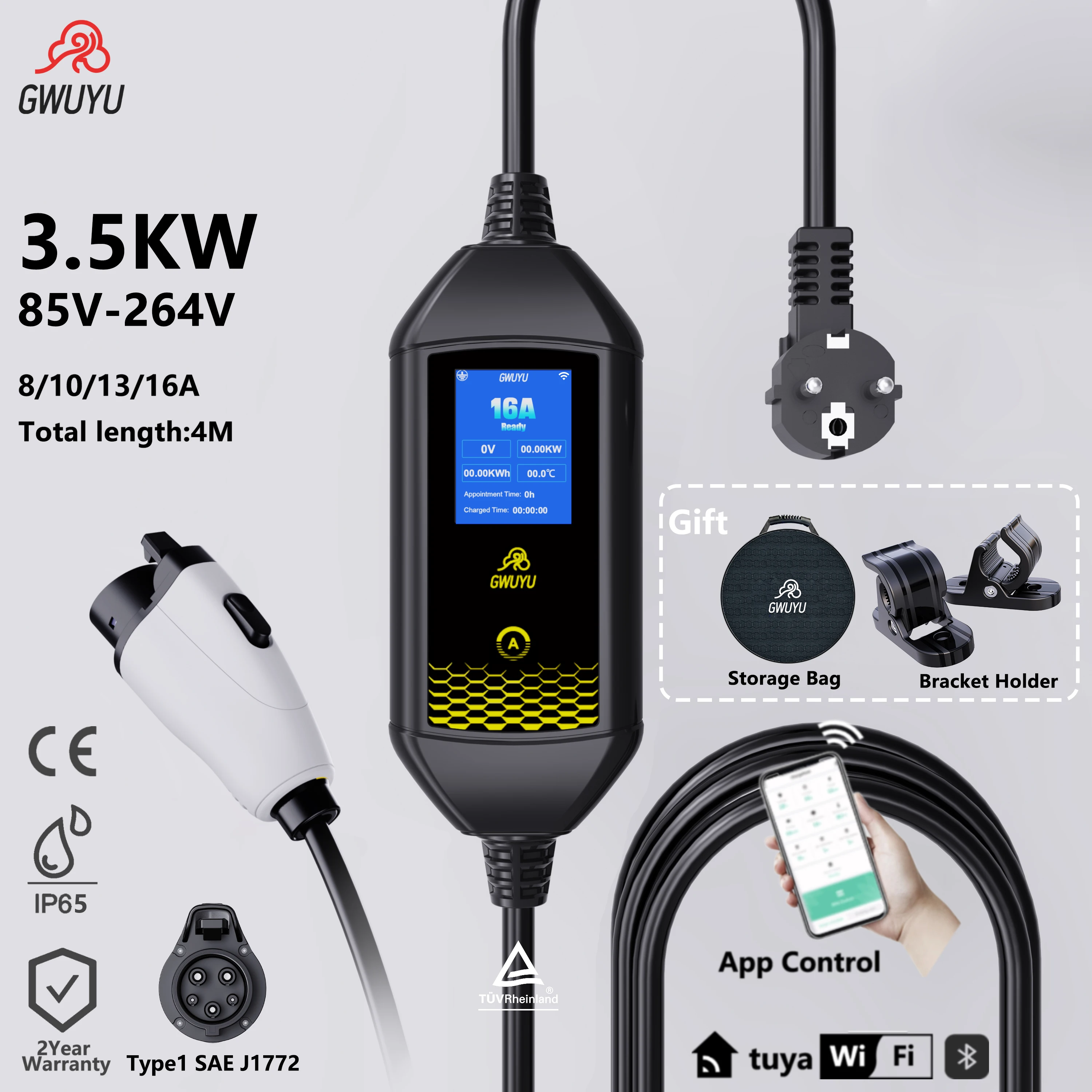 GWUYU 3,5 kW tragbares EV-Ladegerät Typ 1 J1772 Wallbox IP65 mit App-sicherem Aufladen für Tesla Kia Hyundai Nissan Dacia 4 Meter Kabel