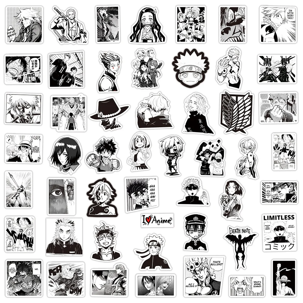 10/30/50/100pcs Mix Black White Anime Stickers One Piece Jujutsu Kaisen Cartoon Decals Laptop Phone Suitcase Cool Manga Sticker