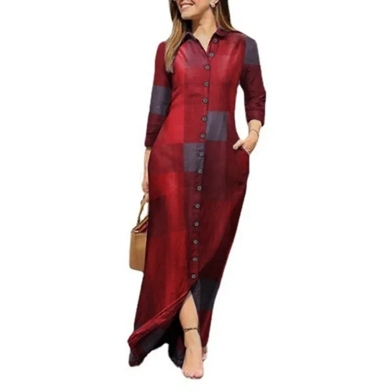 Vestido largo de manga larga con solapa y bolsillos para mujer, traje holgado informal con estampado a cuadros y botones, talla grande, a la moda