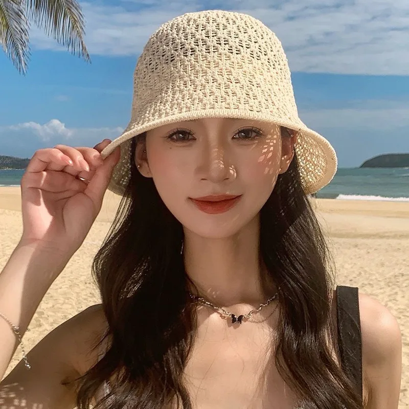 

New straw bucket hat for women, suitable for summer, breathable, plain face covering, sun protection hat with wide brim