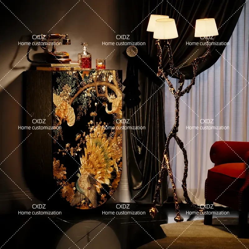 French medieval solid wood four-chest cabinet black gold peacock bedroom storage cabinet living room entrance entrance