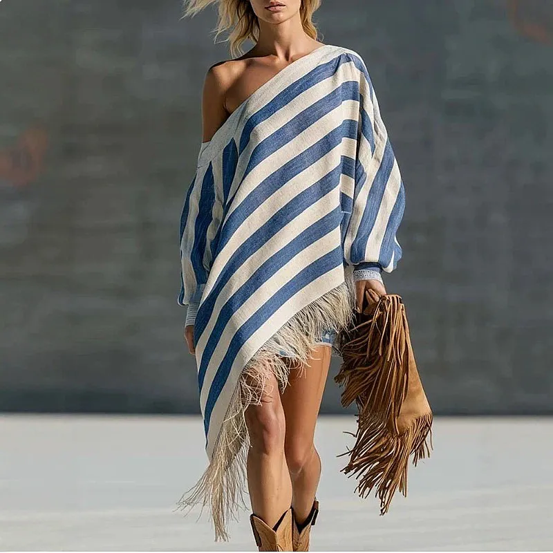 Böhmisches Western Blau Gestreiftes Fransen Asymmetrisches Midikleid Mittellange Kleider Frühling Sommer
