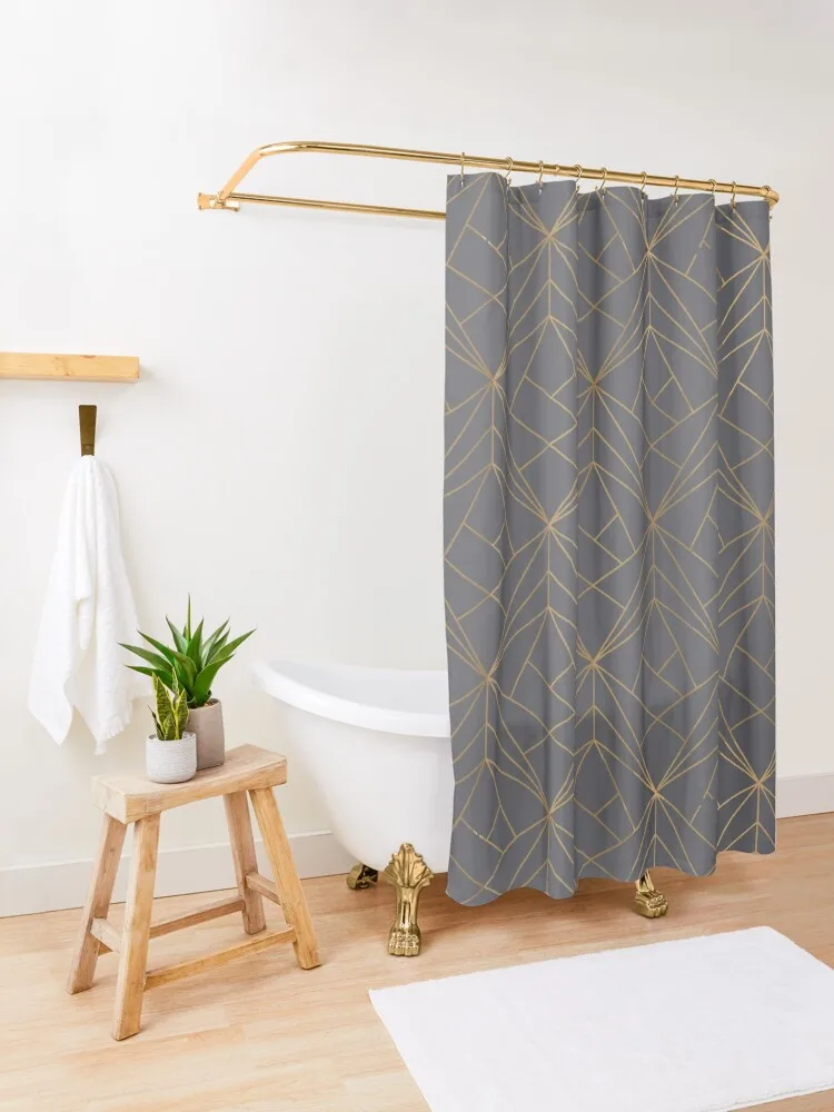 Grey Gold Geometric Pattern Shower Curtain Luxury Bathroom Shower Waterproof Shower Curtain