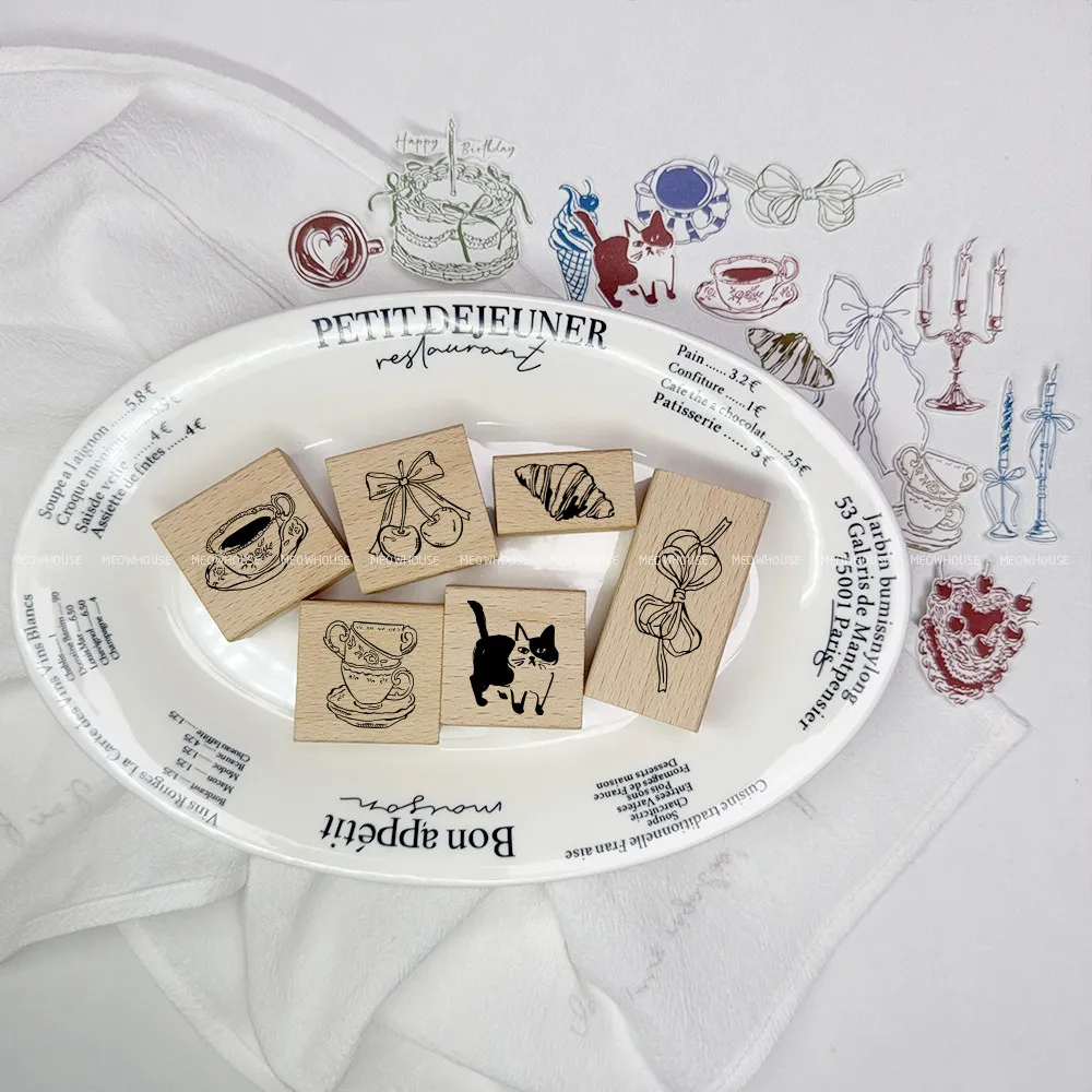 Französische handgezeichnete Illustration Holzharzstempel Schleife Kaffeetasse Kerzenständer Geburtstagskuchen Journal Scrapbooking Dekoration – Detail 2