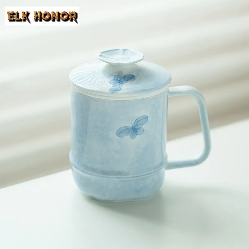 

320 мл ручная роспись тумана с синей бабочкой, фильтр, чашка-сепаратор для чая, элегантная чайная кружка с заварочным устройством, чайная машина, офисная чашка для воды, чайный набор