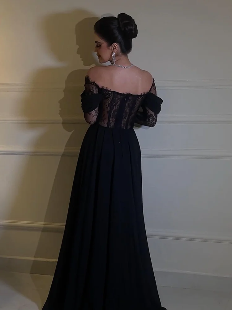 Jirocum Elegant A-Line Prom Dress Women\'s Off Shoulder Lace Evening Gown Black Floor Length Special Occasion Gowns customized