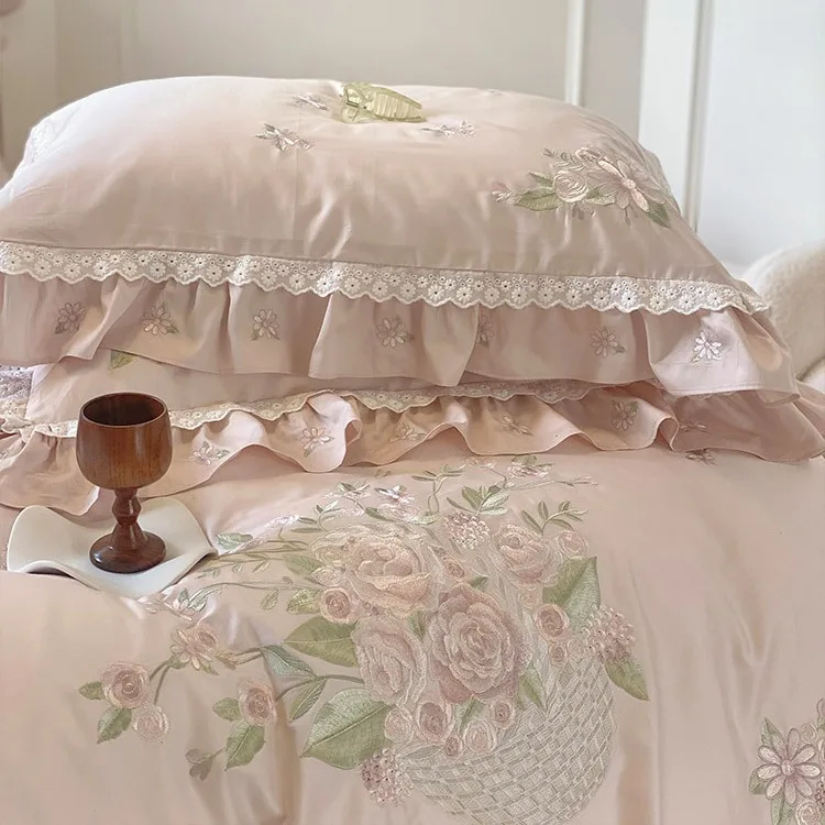 Quality Bedding Sets Vintage Flower Embroidery Lace Quilt Cover Home Stitch Plaid Bed Sheet Pillowcase Duvet Cover King Queen 이불