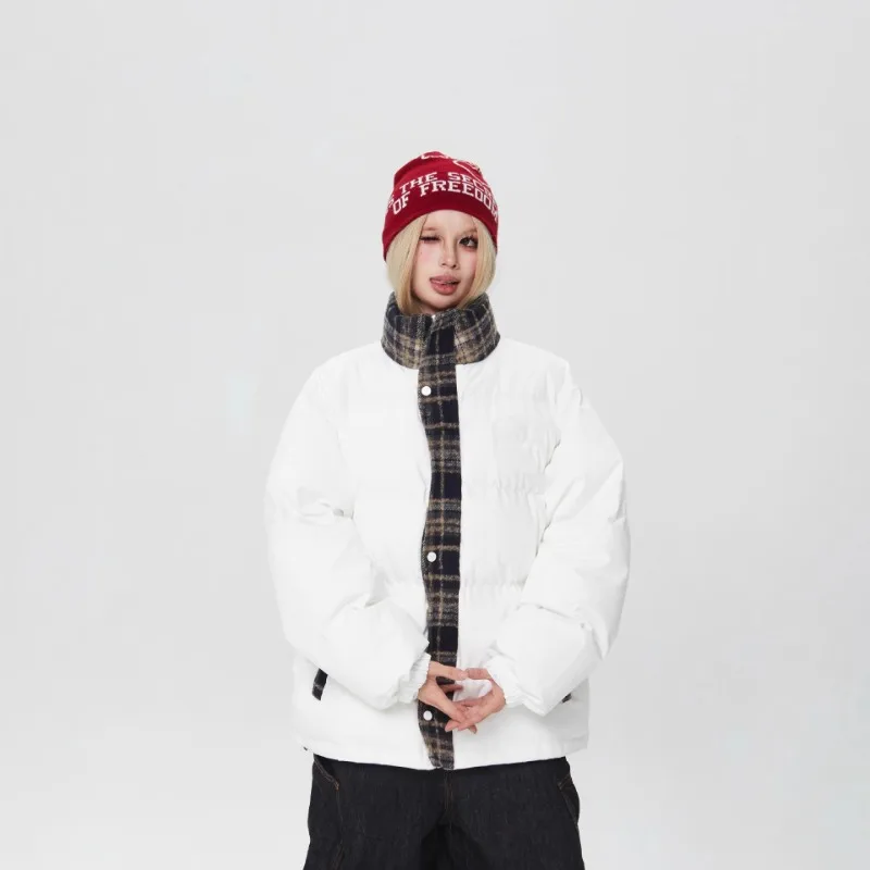 Plaid Patchwork Stand-Up Collar Cotton Jacket Women Winter Warm Vintage New Loose Thicken Puffer Coat Down-Filled Cotton Jacket