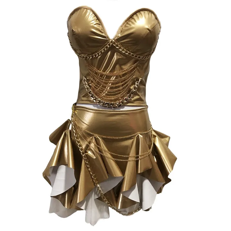 ゴールドパテントレザーストラップレストップスミニスカートスプリットセット女性歌手ダンサーパフォーマンス衣装バーナイトクラブセクシーなステージ着用