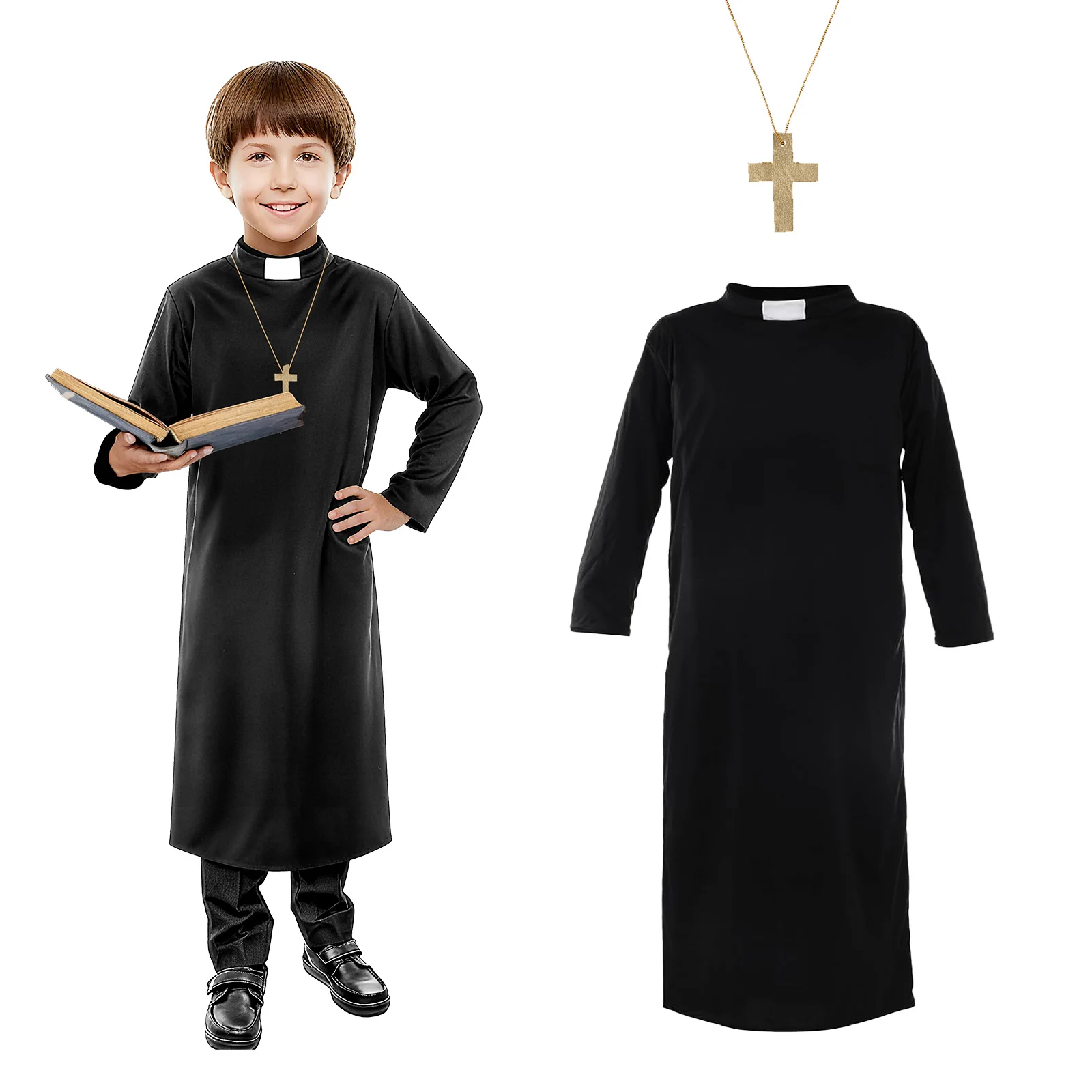 

Priest Costume for Boys Halloween Clergy Costume Black Priest Robe with Cross Monk Outfits for Halloween Cosplay