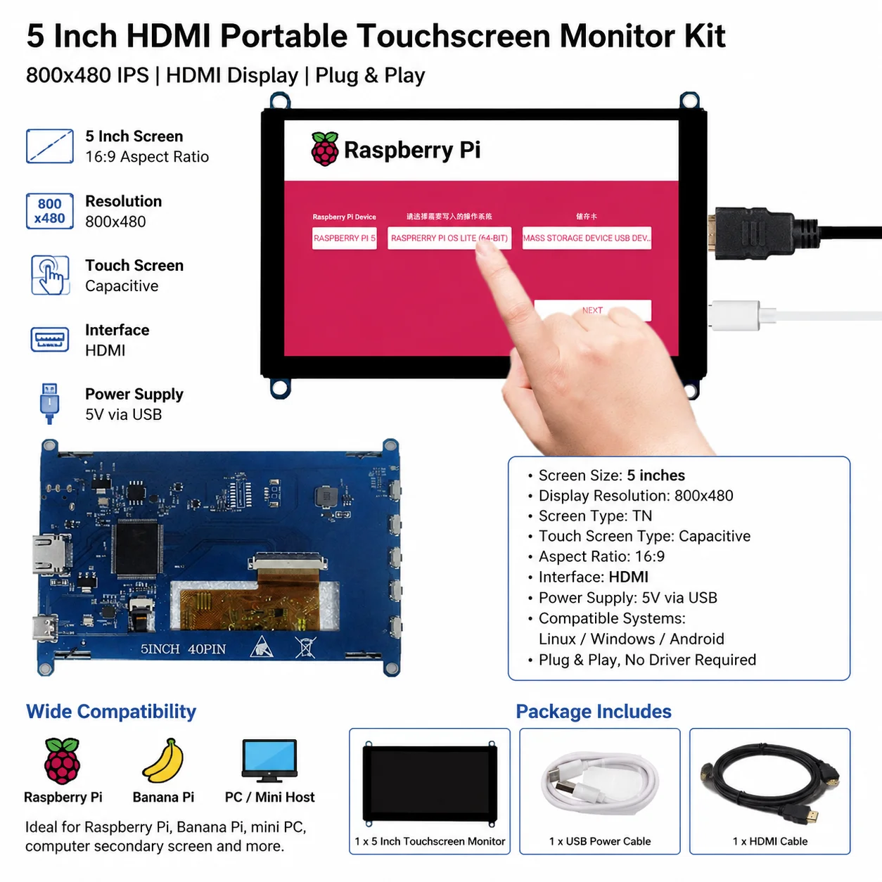 5-インチ-800-480-ips-モニター-usb-タッチコントロール-hdmi-互換-lcd-ディスプレイ容量性タッチスクリーンパネルラズベリーパイ-pc-用