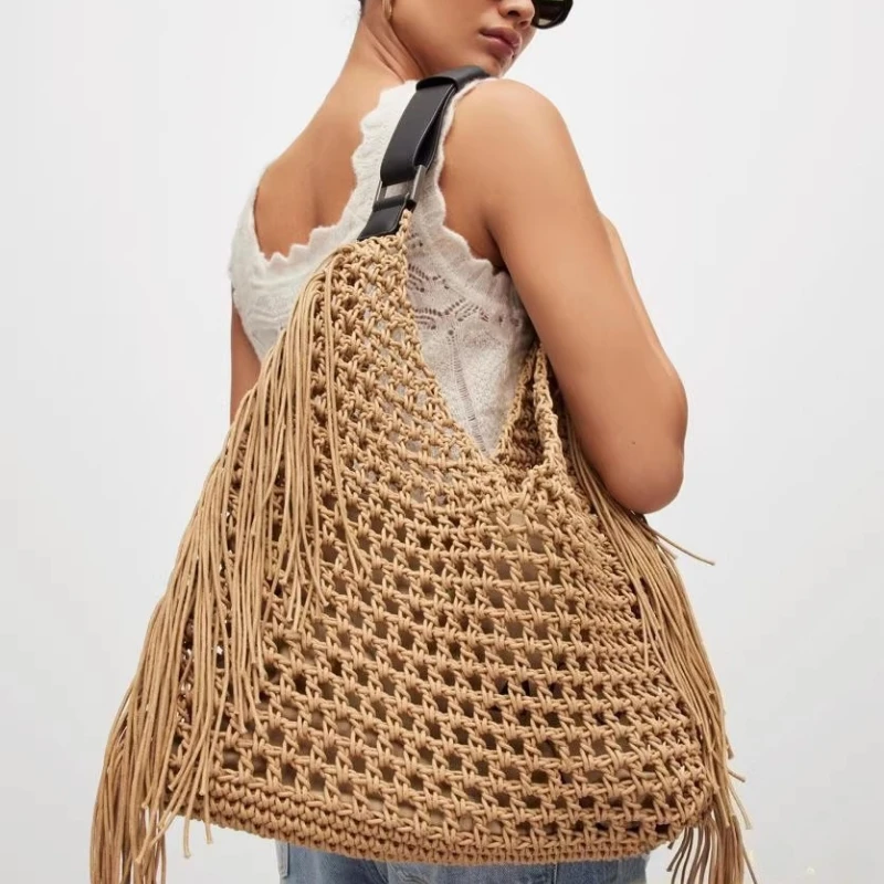 

Bohemian Beach Bags For Women Luxury Designer Handbags Purses 2025 New Nylon Fabric Hollow Tassels With Inner Pocket