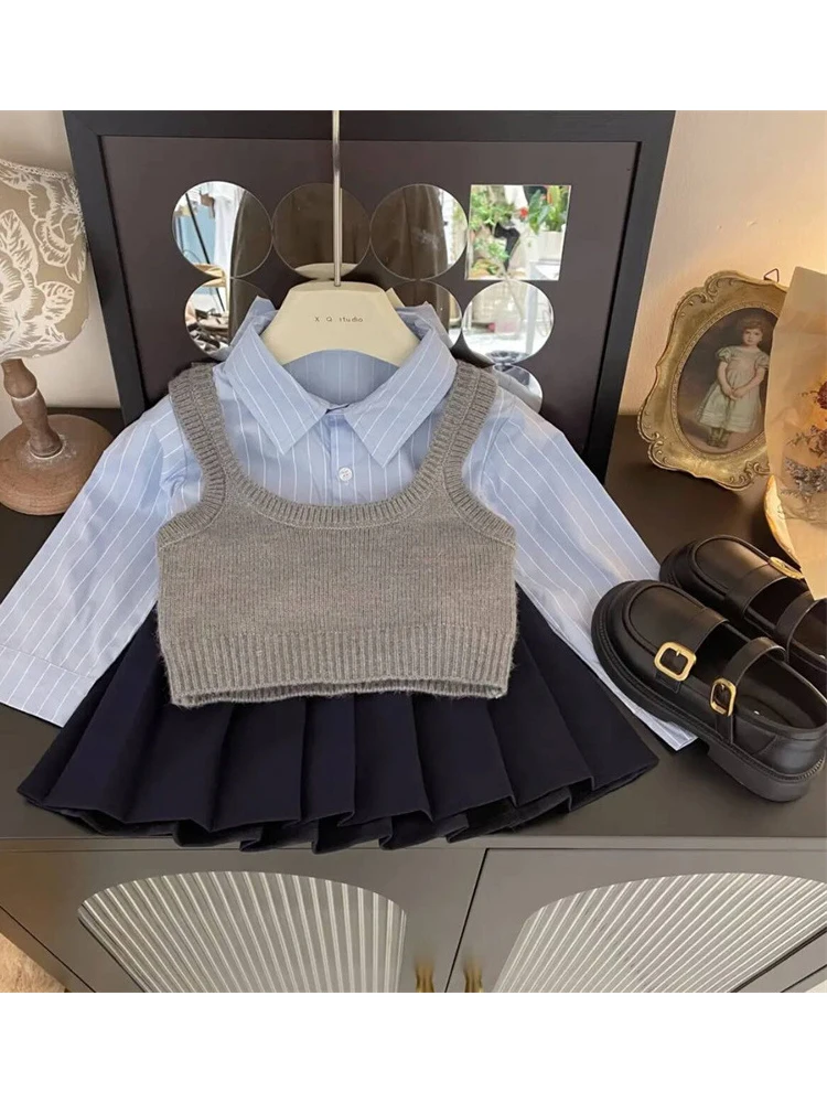 Girls Sweet Suits Spring Autumn Outfit Baby Infant Kids Children College Pleated Skirt+Sweater Vest+Shirt 3Pcs Sets