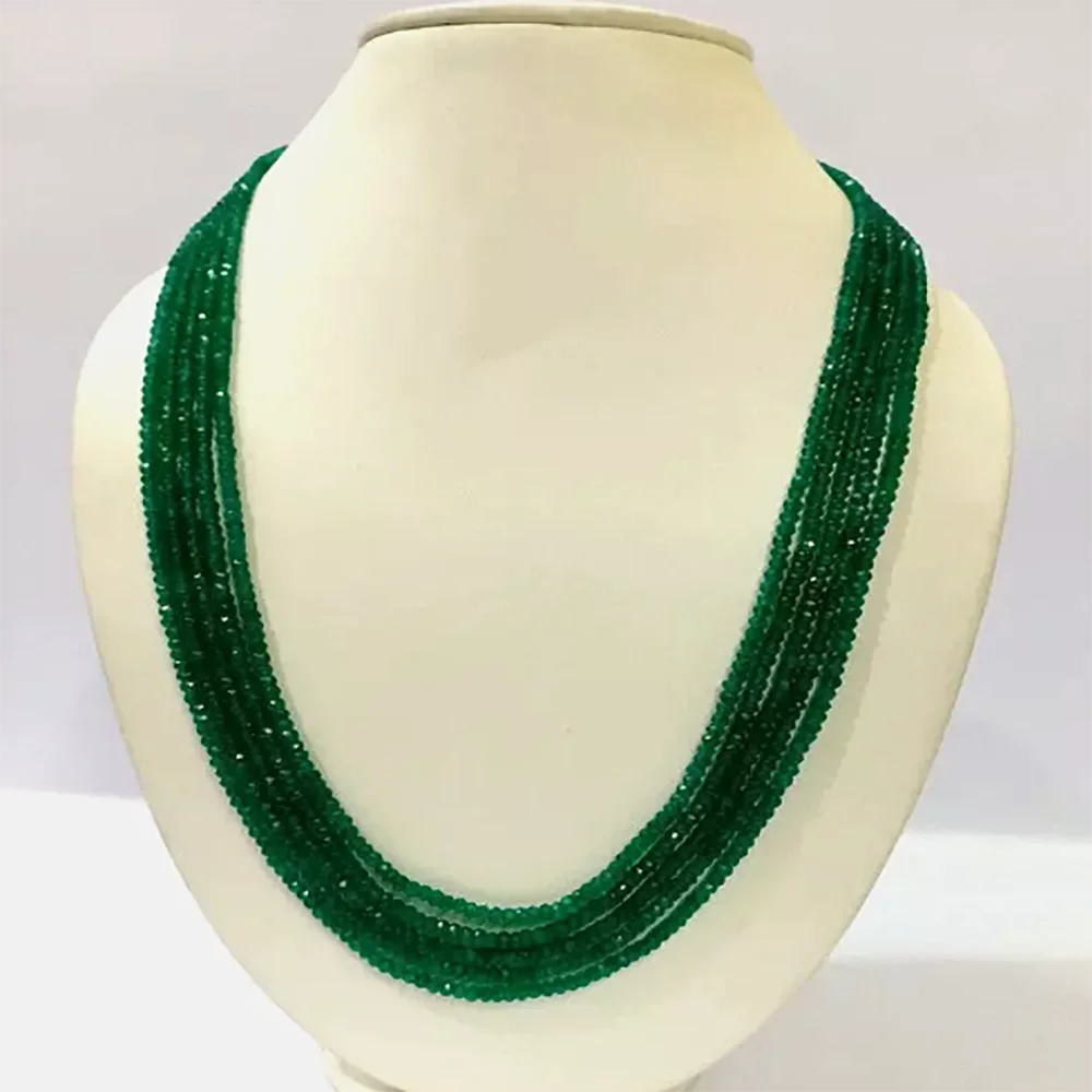 A++ Green Onyx Faceted Rondelle Bead Gemstone 5Strand Necklace For Woman & Girls