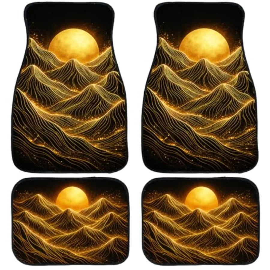 

Car Floor Mats Set of 4 Black Gold Abstract Line Landscape Carpet Front Rear Carpets Mat Decorative Car Floor Carpets Non-Slip