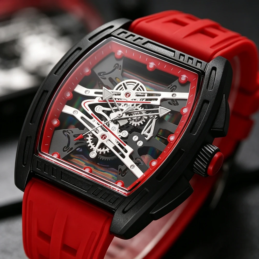 Luxury Watch Jacob And Co - นาฬิกาควอทซ์แฟชั่นสำหรับผู้ชาย หน้าปัดทรงกระบอกหลากสีสันพร้อมตกแต่งเกียร์ นาฬิกาข้อมือแนวสปอร์ต ธุรกิจ และลำลอง