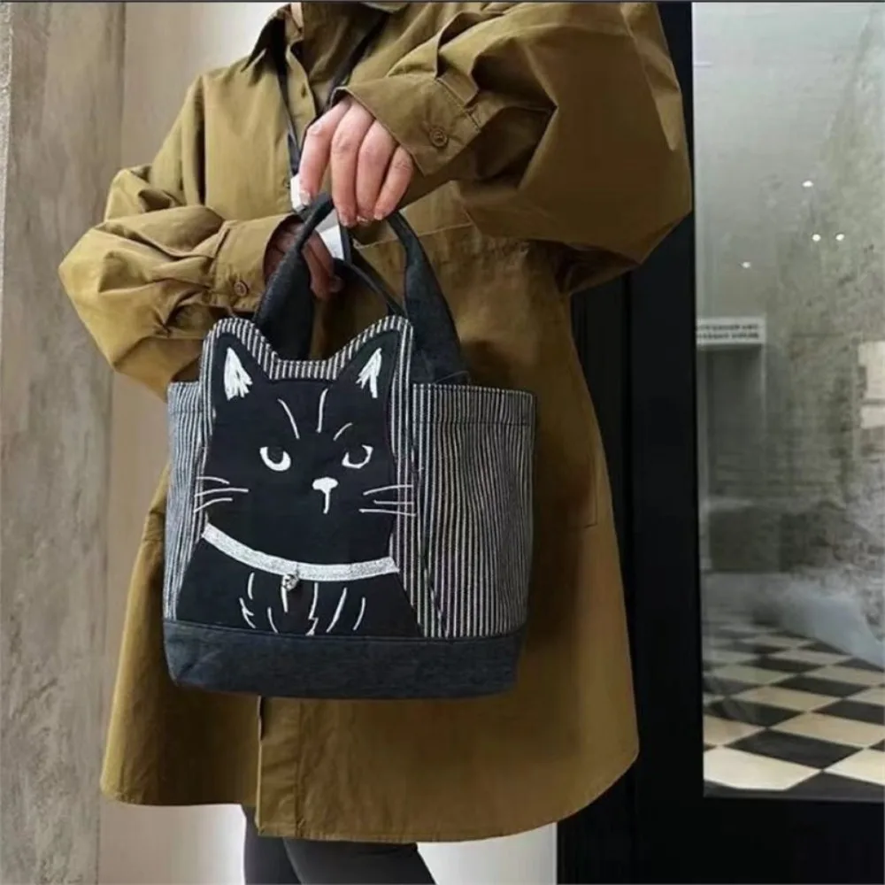 

Harajuku Cartoon Top-Handle Tutoring Bag Embroidery Large Capacity Cat Tote Handbags Shopping Storage Canvas School Bag Students